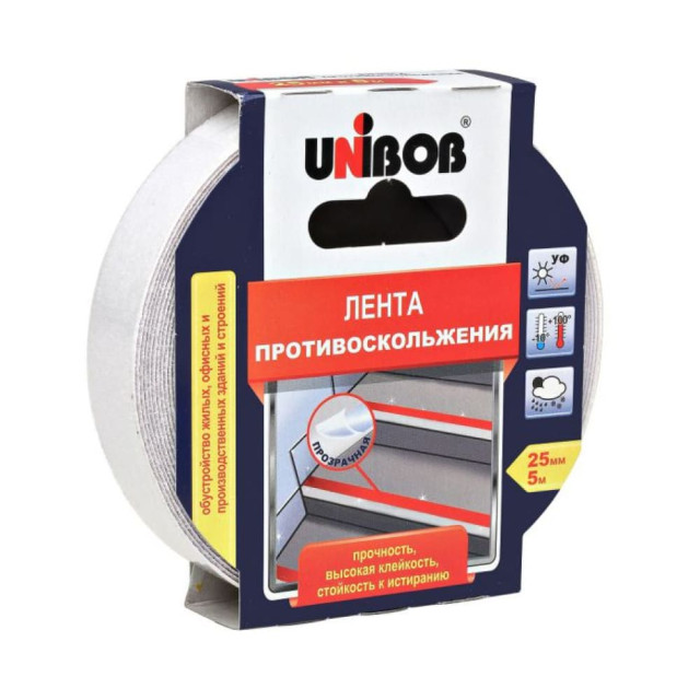 Лента противоскольжения Unibob 54804 клейкая 25 мм*5 м прозрачная Лента противоскольжения Unibob 54804 клейкая 25 мм*5 м прозрачная