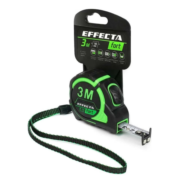 Рулетка Effecta Fort 16 мм*3 м магнитная двухсторонняя шкала Рулетка Effecta Fort 16 мм*3 м магнитная двухсторонняя шкала