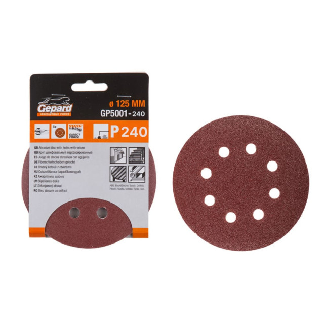 Шлифлист Gepard GP5001-240 125 мм круг Р240 для дерева 8 отверстий 5 шт Шлифлист Gepard GP5001-240 125 мм круг Р240 для дерева 8 отверстий 5 шт